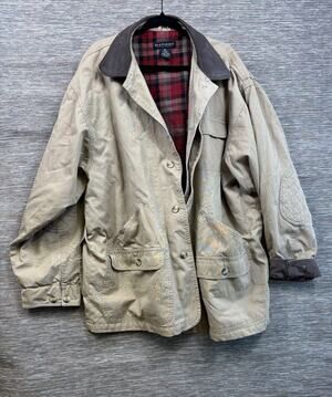 Old School Jacket Mens 2XL Beige Canvas Leather Collar Plaid Lined Field Outdoor
